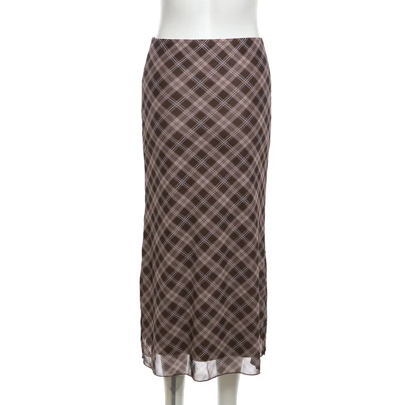 Women Spring Autumn Plaid Print Wrap Hips Skirts Fashion Ankle-Length Sexy Slim Pencil Skirts Preppy Style Girls Slit Midiskirt