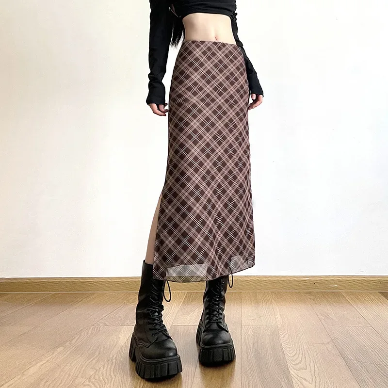 Women Spring Autumn Plaid Print Wrap Hips Skirts Fashion Ankle-Length Sexy Slim Pencil Skirts Preppy Style Girls Slit Midiskirt