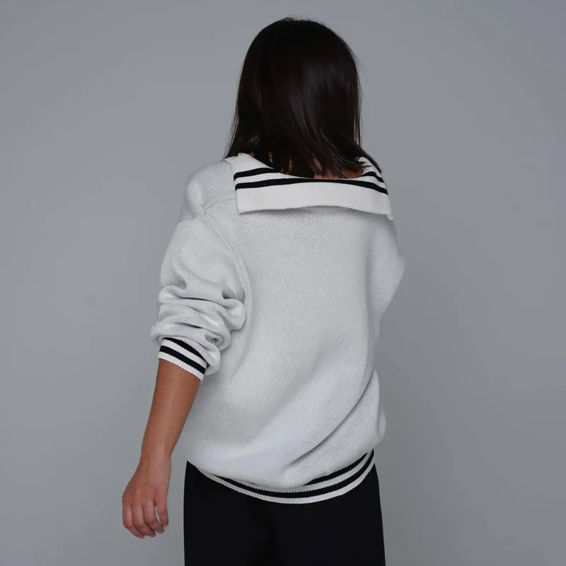 JHJN Autumn V-Neck Sweater Women Patchwork Letter Streety Tops Loose Casual Pullovers Long-Sleeved Knitted Shirts Women Sweater