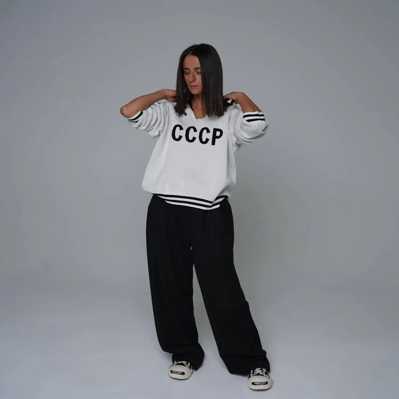 JHJN Autumn V-Neck Sweater Women Patchwork Letter Streety Tops Loose Casual Pullovers Long-Sleeved Knitted Shirts Women Sweater