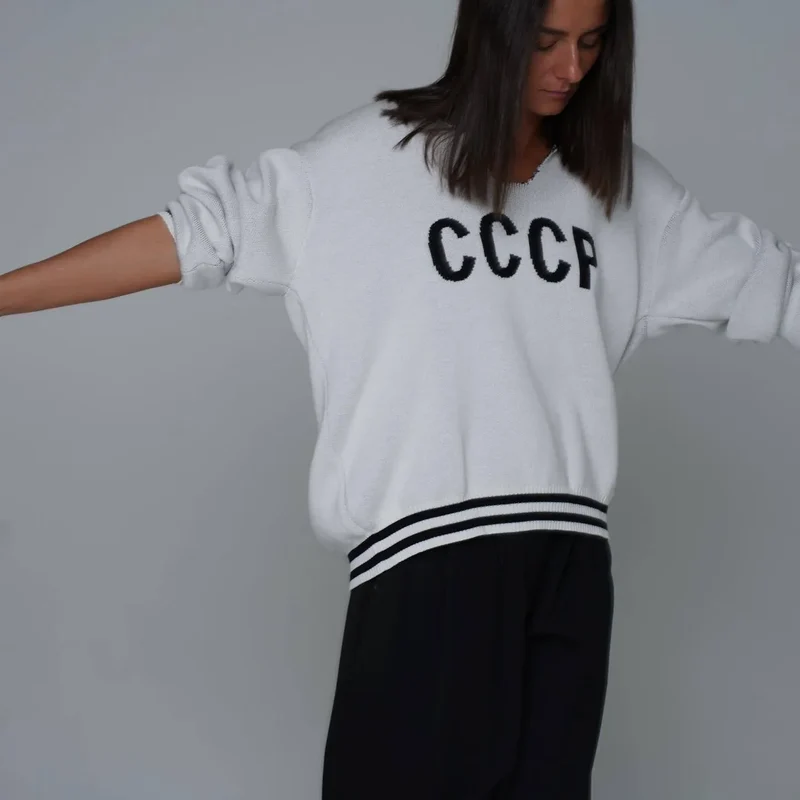 JHJN Autumn V-Neck Sweater Women Patchwork Letter Streety Tops Loose Casual Pullovers Long-Sleeved Knitted Shirts Women Sweater