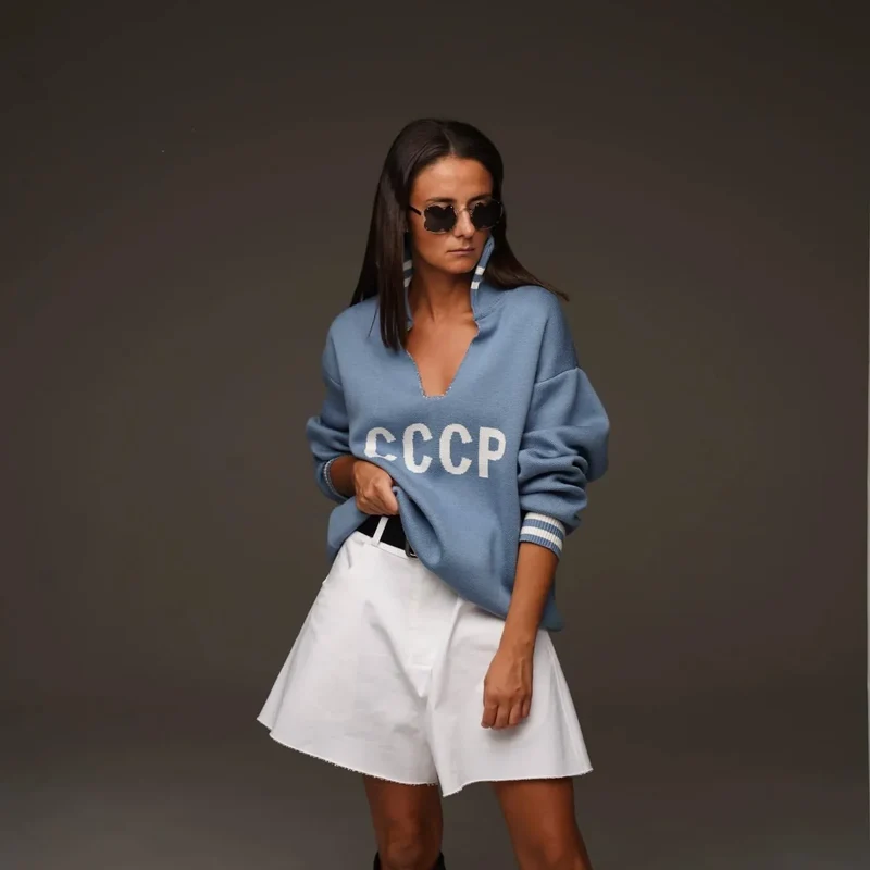 JHJN Autumn V-Neck Sweater Women Patchwork Letter Streety Tops Loose Casual Pullovers Long-Sleeved Knitted Shirts Women Sweater