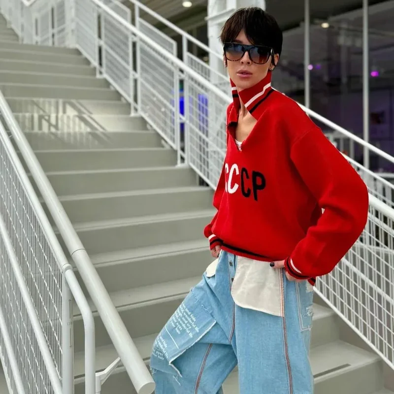 JHJN Autumn V-Neck Sweater Women Patchwork Letter Streety Tops Loose Casual Pullovers Long-Sleeved Knitted Shirts Women Sweater