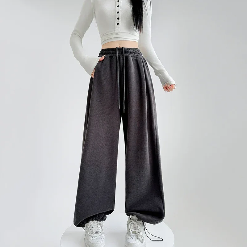 Black Gray High Waist Sweatpants Women Spring Autumn Elastic Waisted Wide Leg Trousers Woman Comfort Straight Loose Sport Pants
