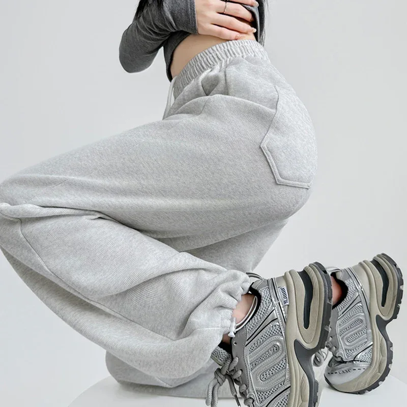 Black Gray High Waist Sweatpants Women Spring Autumn Elastic Waisted Wide Leg Trousers Woman Comfort Straight Loose Sport Pants