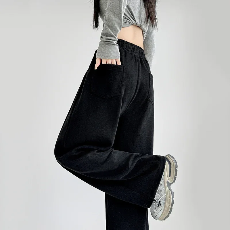 Black Gray High Waist Sweatpants Women Spring Autumn Elastic Waisted Wide Leg Trousers Woman Comfort Straight Loose Sport Pants
