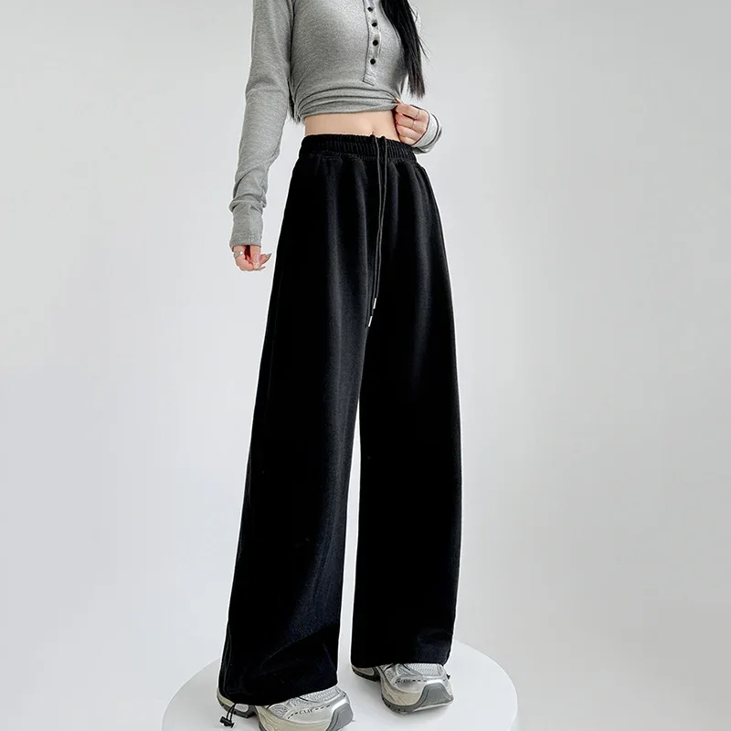 Black Gray High Waist Sweatpants Women Spring Autumn Elastic Waisted Wide Leg Trousers Woman Comfort Straight Loose Sport Pants