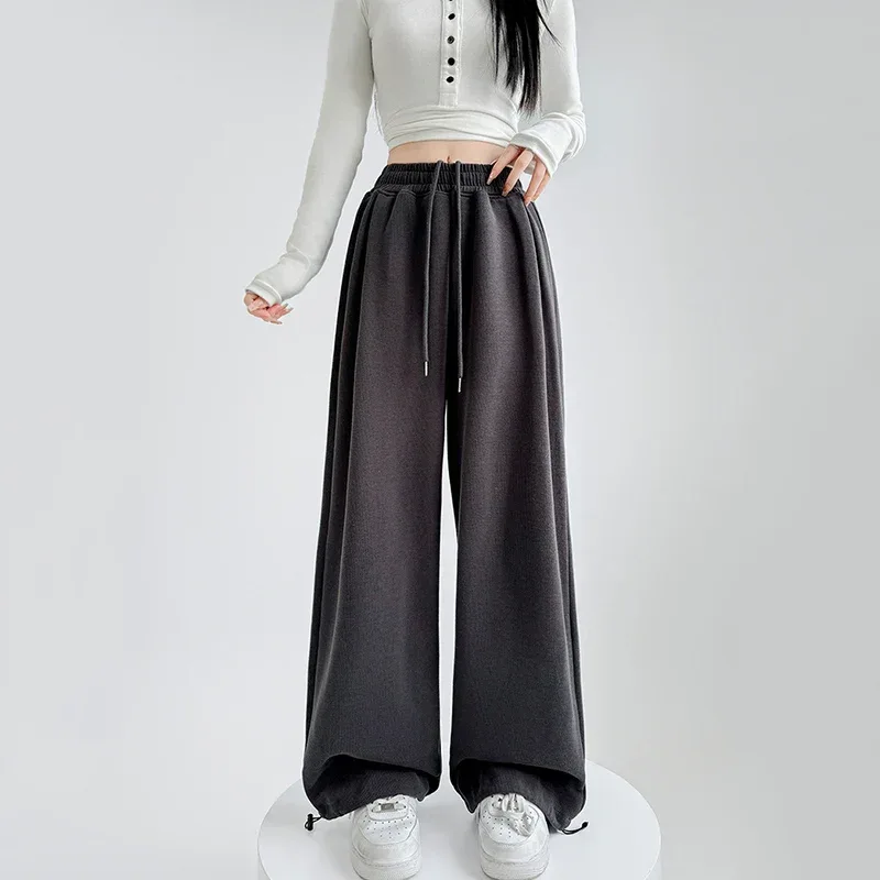 Black Gray High Waist Sweatpants Women Spring Autumn Elastic Waisted Wide Leg Trousers Woman Comfort Straight Loose Sport Pants