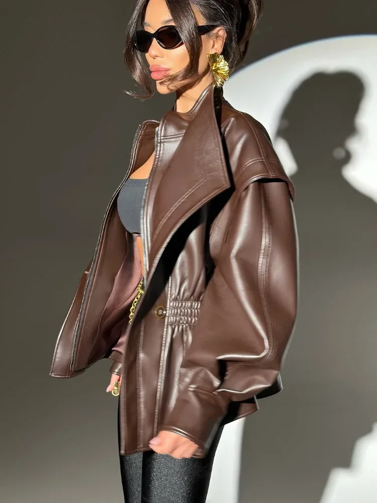 2025 Elastic Waist Cinching Brwon Leather Jacket Women Casual Lapel Zipper Pu Coat Lady New Autumn Outdoors Highstreet Outwear