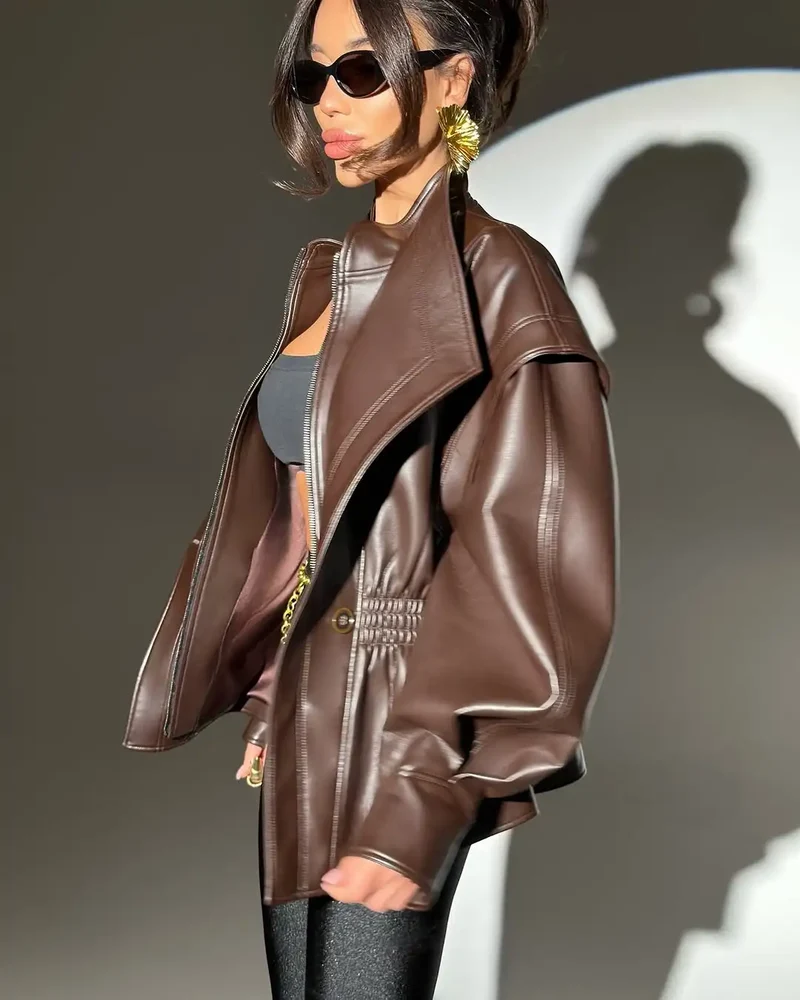 2025 Elastic Waist Cinching Brwon Leather Jacket Women Casual Lapel Zipper Pu Coat Lady New Autumn Outdoors Highstreet Outwear