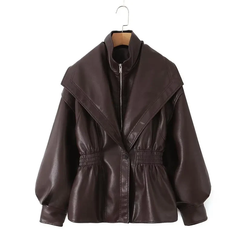 2025 Elastic Waist Cinching Brwon Leather Jacket Women Casual Lapel Zipper Pu Coat Lady New Autumn Outdoors Highstreet Outwear