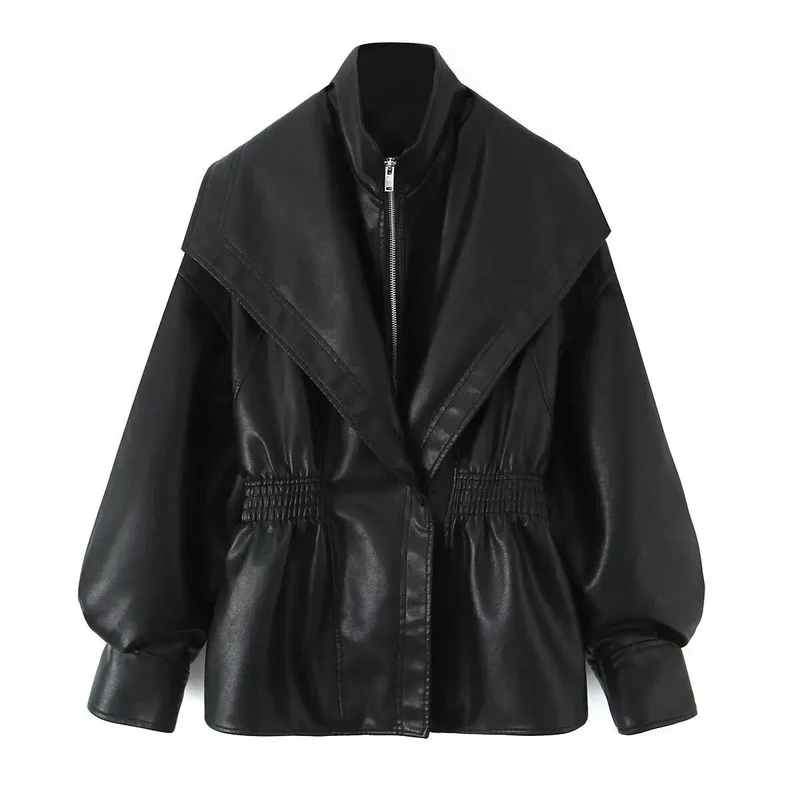 2025 Elastic Waist Cinching Brwon Leather Jacket Women Casual Lapel Zipper Pu Coat Lady New Autumn Outdoors Highstreet Outwear