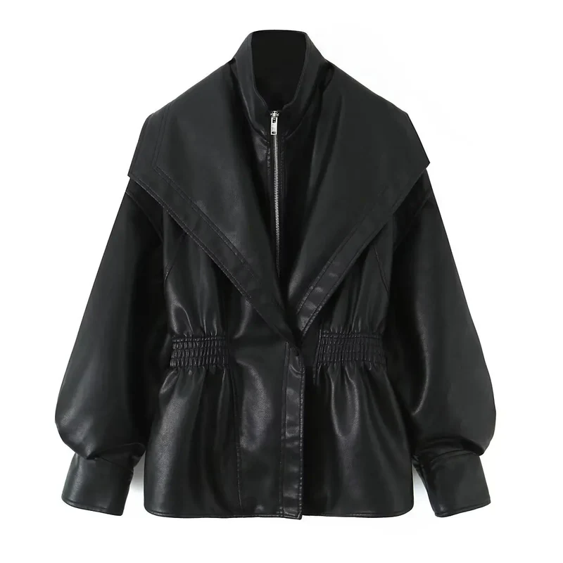 2025 Elastic Waist Cinching Brwon Leather Jacket Women Casual Lapel Zipper Pu Coat Lady New Autumn Outdoors Highstreet Outwear