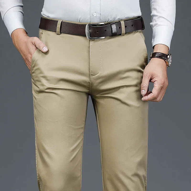 Autumn Classic Style Men's Beige Business Straight Casual Pants Stretch Cotton High Waist Solid Brand Trousers Khaki Green Black