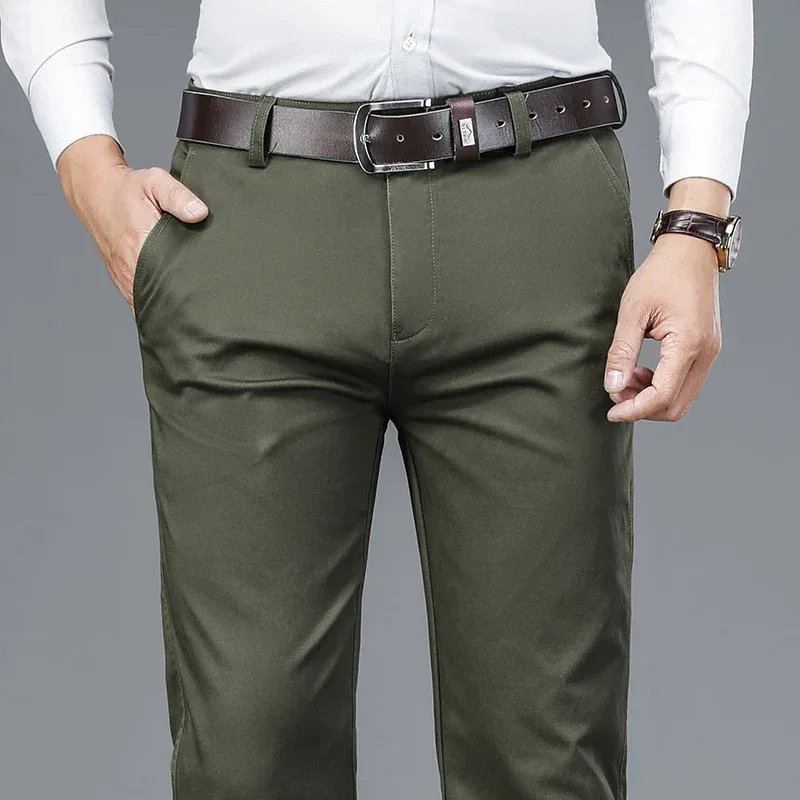 Autumn Classic Style Men's Beige Business Straight Casual Pants Stretch Cotton High Waist Solid Brand Trousers Khaki Green Black