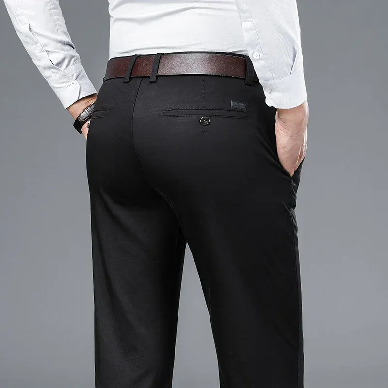 Autumn Classic Style Men's Beige Business Straight Casual Pants Stretch Cotton High Waist Solid Brand Trousers Khaki Green Black