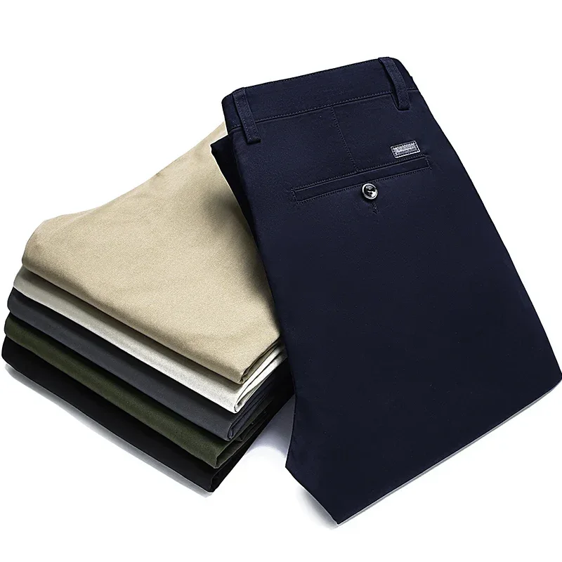 Autumn Classic Style Men's Beige Business Straight Casual Pants Stretch Cotton High Waist Solid Brand Trousers Khaki Green Black
