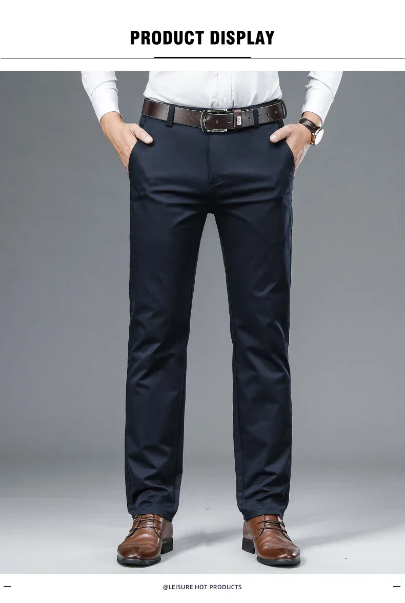 Autumn Classic Style Men's Beige Business Straight Casual Pants Stretch Cotton High Waist Solid Brand Trousers Khaki Green Black