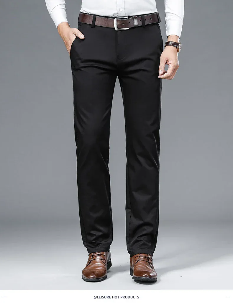 Autumn Classic Style Men's Beige Business Straight Casual Pants Stretch Cotton High Waist Solid Brand Trousers Khaki Green Black