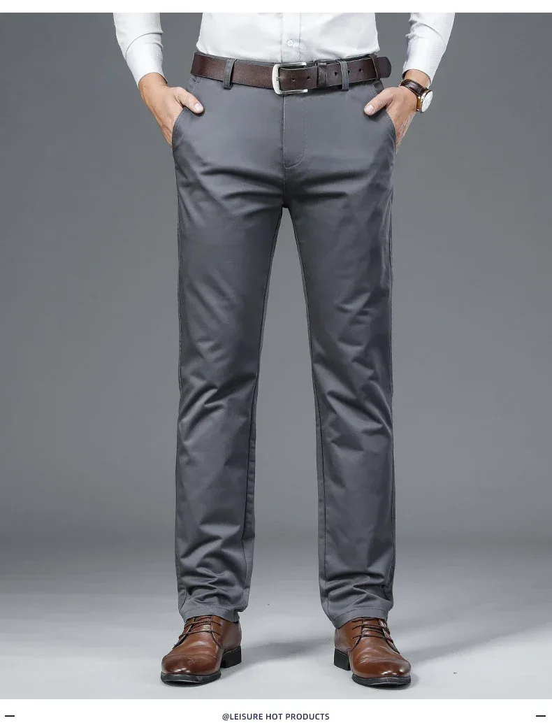 Autumn Classic Style Men's Beige Business Straight Casual Pants Stretch Cotton High Waist Solid Brand Trousers Khaki Green Black