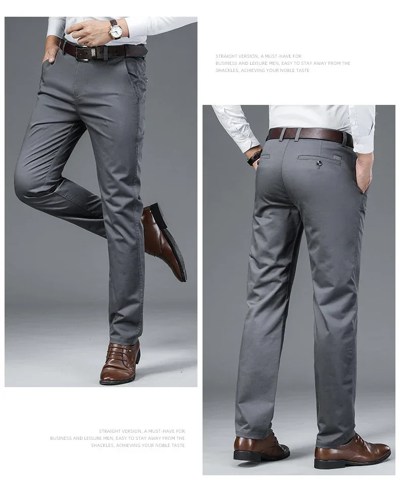 Autumn Classic Style Men's Beige Business Straight Casual Pants Stretch Cotton High Waist Solid Brand Trousers Khaki Green Black