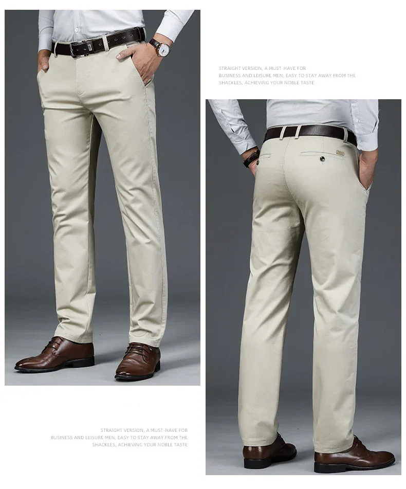 Autumn Classic Style Men's Beige Business Straight Casual Pants Stretch Cotton High Waist Solid Brand Trousers Khaki Green Black
