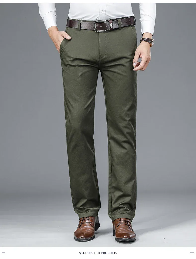 Autumn Classic Style Men's Beige Business Straight Casual Pants Stretch Cotton High Waist Solid Brand Trousers Khaki Green Black