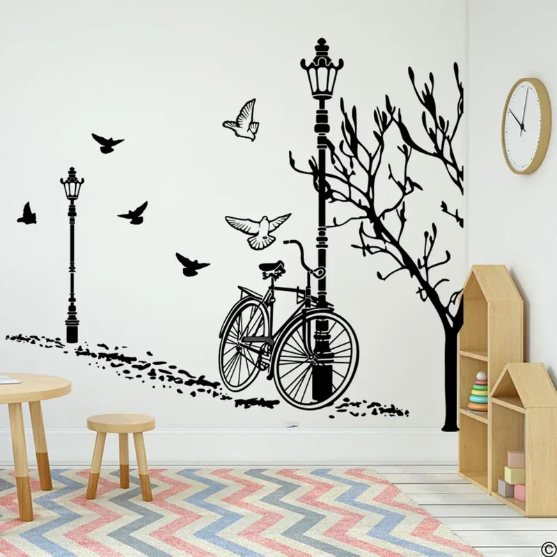 Large Autumn Bike Street Lamp Tree Bird Wall Decal Living Room Kids Room Bicycle City Urban Landscape Wall Sticker Bedroom Vinyl