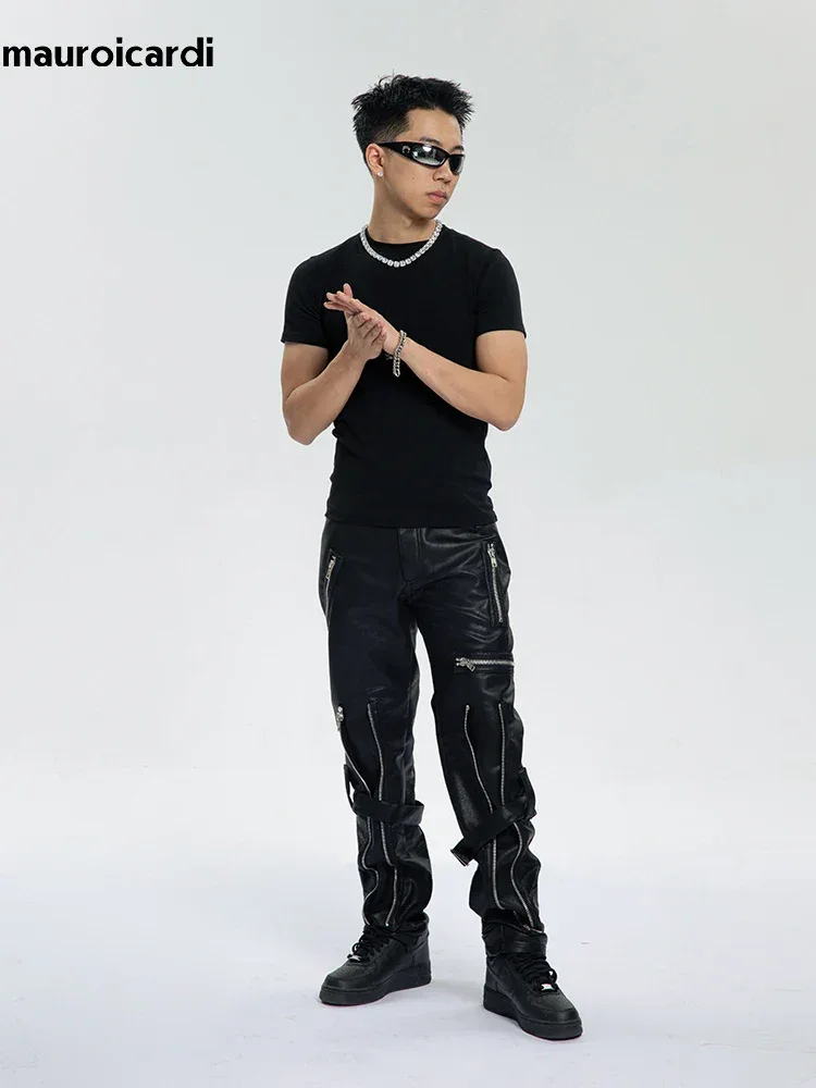 Mauroicardi Spring Autumn Cool Black Pu Leather Pants Men with Many Zippers Belt Luxury Designer Clothing Trousers Fashions 2023