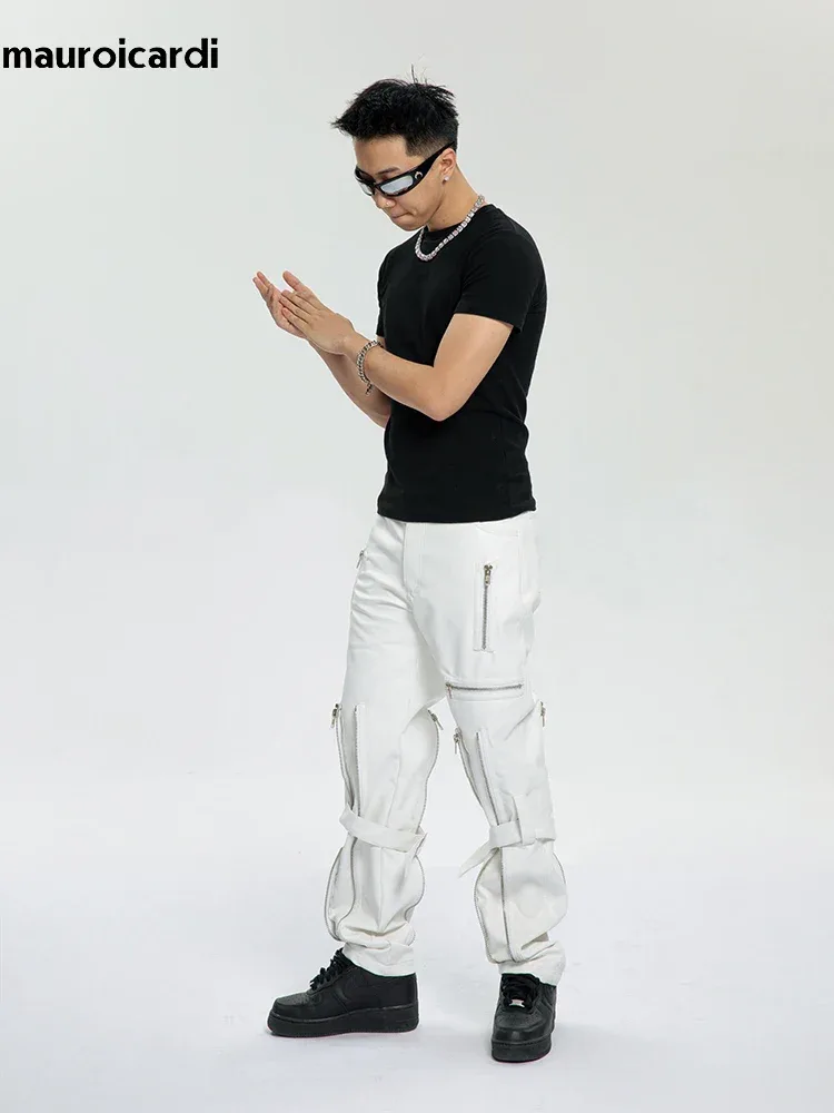 Mauroicardi Spring Autumn Cool Black Pu Leather Pants Men with Many Zippers Belt Luxury Designer Clothing Trousers Fashions 2023