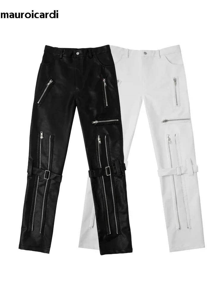 Mauroicardi Spring Autumn Cool Black Pu Leather Pants Men with Many Zippers Belt Luxury Designer Clothing Trousers Fashions 2023