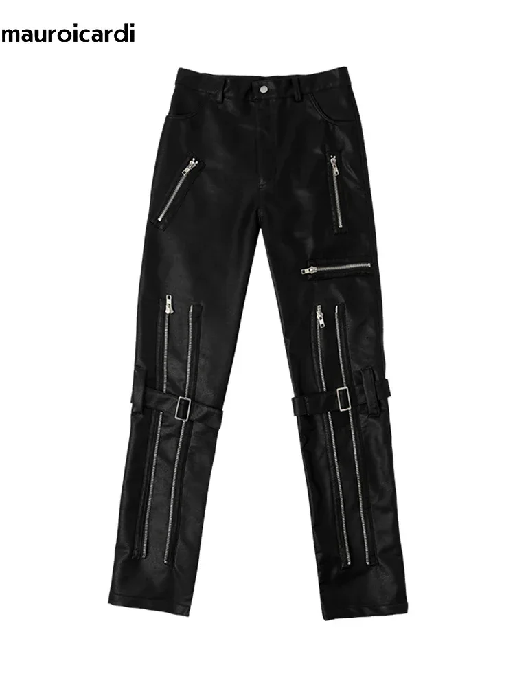 Mauroicardi Spring Autumn Cool Black Pu Leather Pants Men with Many Zippers Belt Luxury Designer Clothing Trousers Fashions 2023