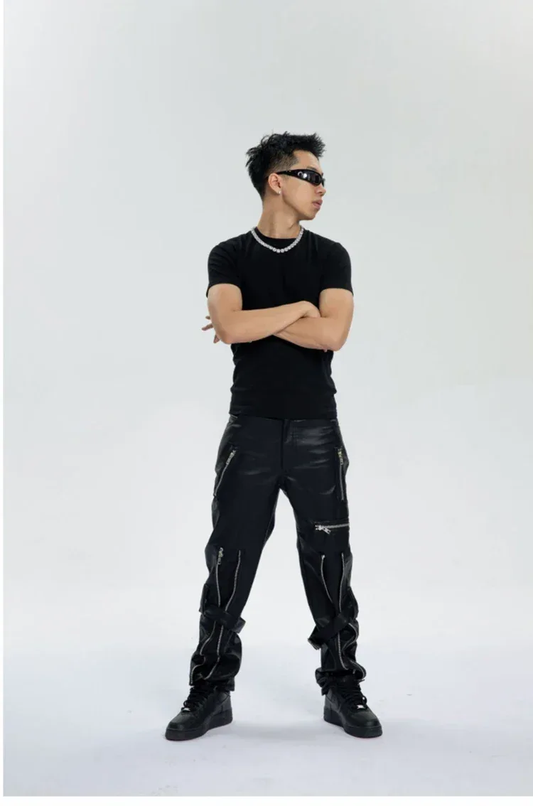 Mauroicardi Spring Autumn Cool Black Pu Leather Pants Men with Many Zippers Belt Luxury Designer Clothing Trousers Fashions 2023