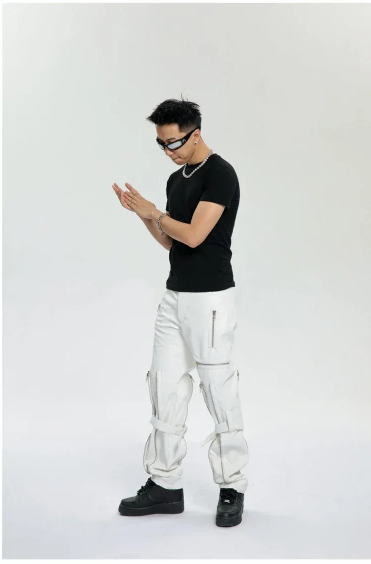 Mauroicardi Spring Autumn Cool Black Pu Leather Pants Men with Many Zippers Belt Luxury Designer Clothing Trousers Fashions 2023