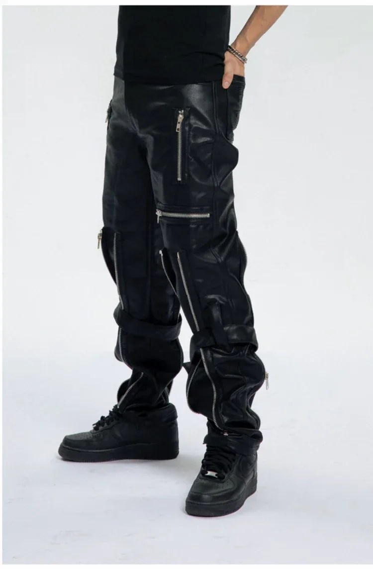 Mauroicardi Spring Autumn Cool Black Pu Leather Pants Men with Many Zippers Belt Luxury Designer Clothing Trousers Fashions 2023