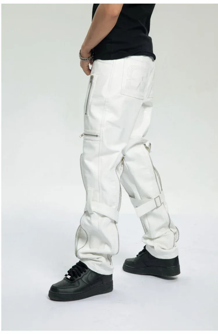 Mauroicardi Spring Autumn Cool Black Pu Leather Pants Men with Many Zippers Belt Luxury Designer Clothing Trousers Fashions 2023