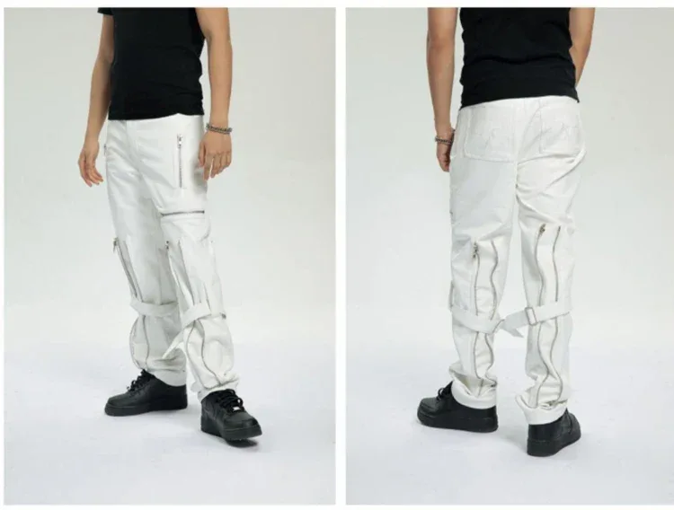 Mauroicardi Spring Autumn Cool Black Pu Leather Pants Men with Many Zippers Belt Luxury Designer Clothing Trousers Fashions 2023