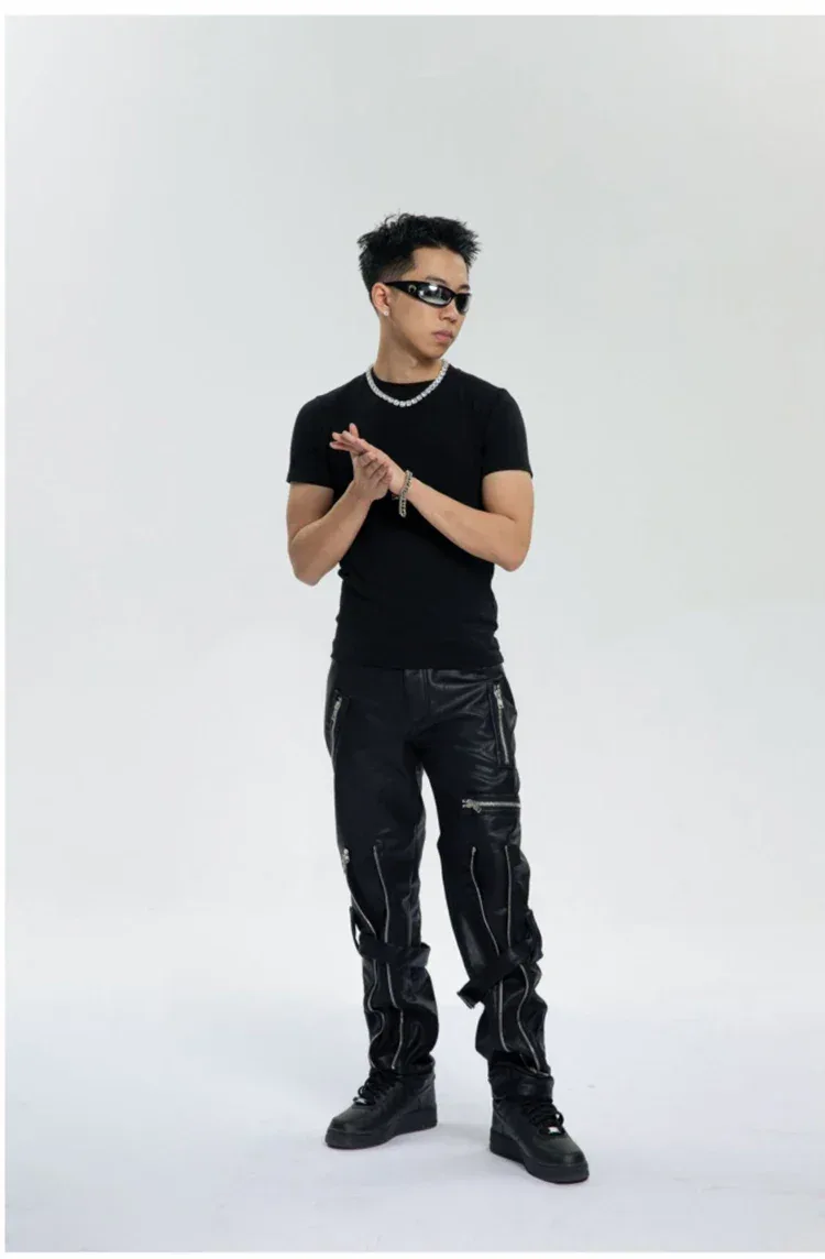 Mauroicardi Spring Autumn Cool Black Pu Leather Pants Men with Many Zippers Belt Luxury Designer Clothing Trousers Fashions 2023