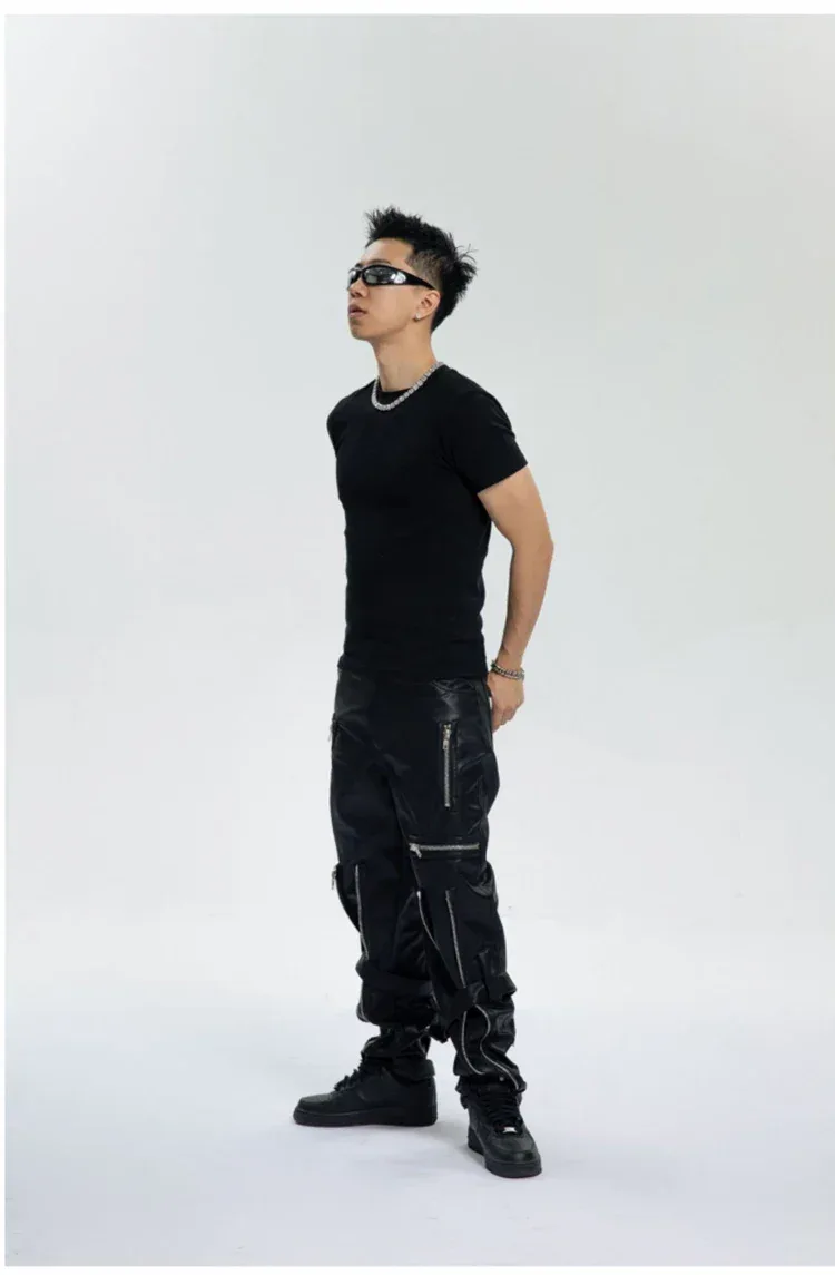 Mauroicardi Spring Autumn Cool Black Pu Leather Pants Men with Many Zippers Belt Luxury Designer Clothing Trousers Fashions 2023