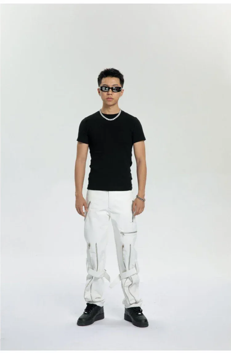 Mauroicardi Spring Autumn Cool Black Pu Leather Pants Men with Many Zippers Belt Luxury Designer Clothing Trousers Fashions 2023