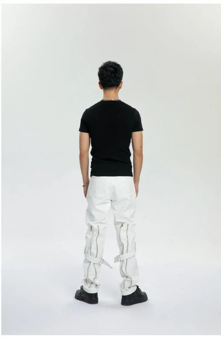 Mauroicardi Spring Autumn Cool Black Pu Leather Pants Men with Many Zippers Belt Luxury Designer Clothing Trousers Fashions 2023