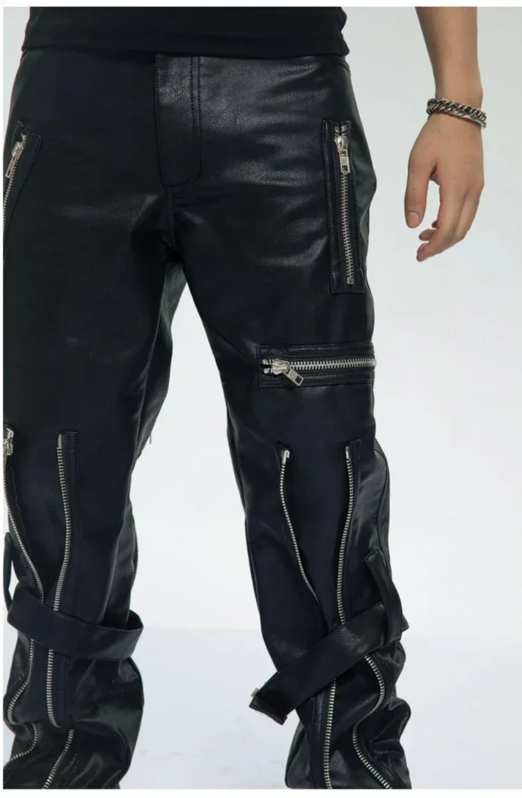 Mauroicardi Spring Autumn Cool Black Pu Leather Pants Men with Many Zippers Belt Luxury Designer Clothing Trousers Fashions 2023