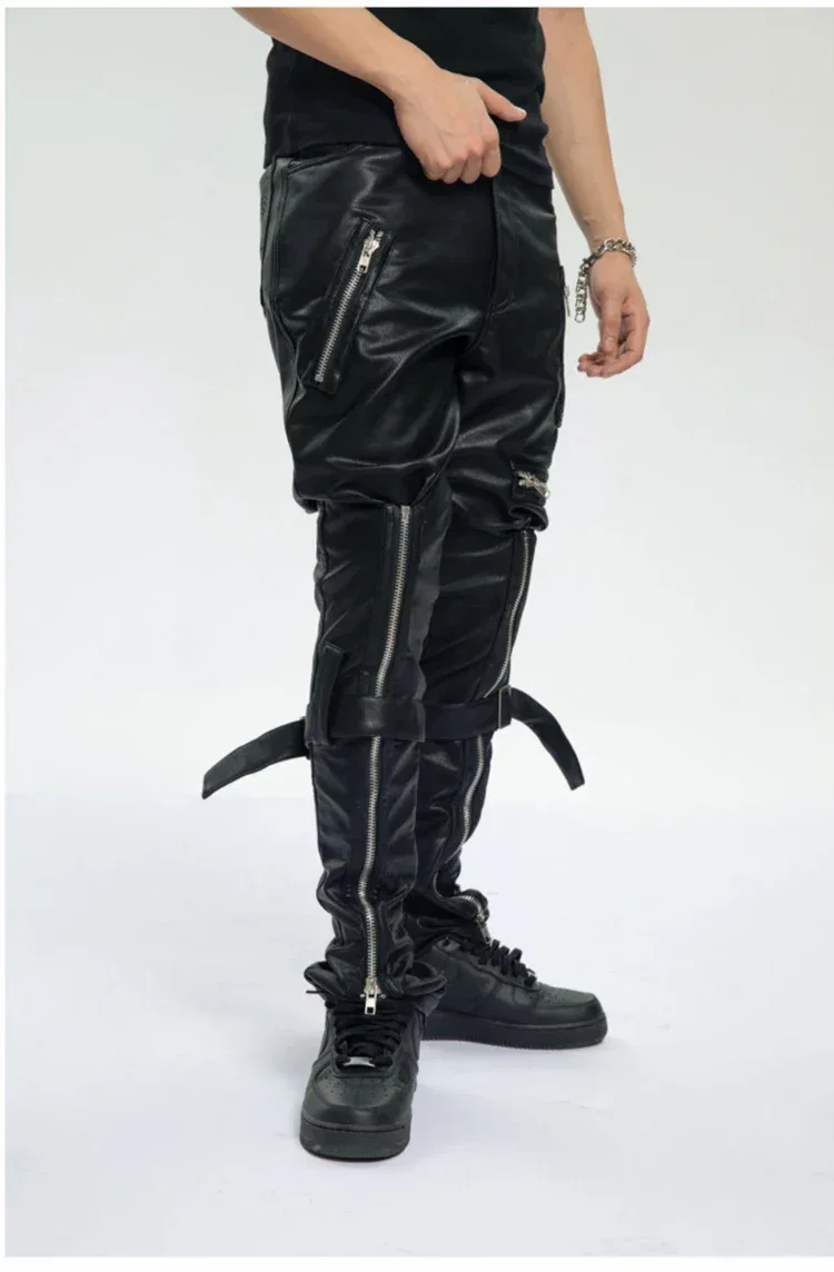 Mauroicardi Spring Autumn Cool Black Pu Leather Pants Men with Many Zippers Belt Luxury Designer Clothing Trousers Fashions 2023