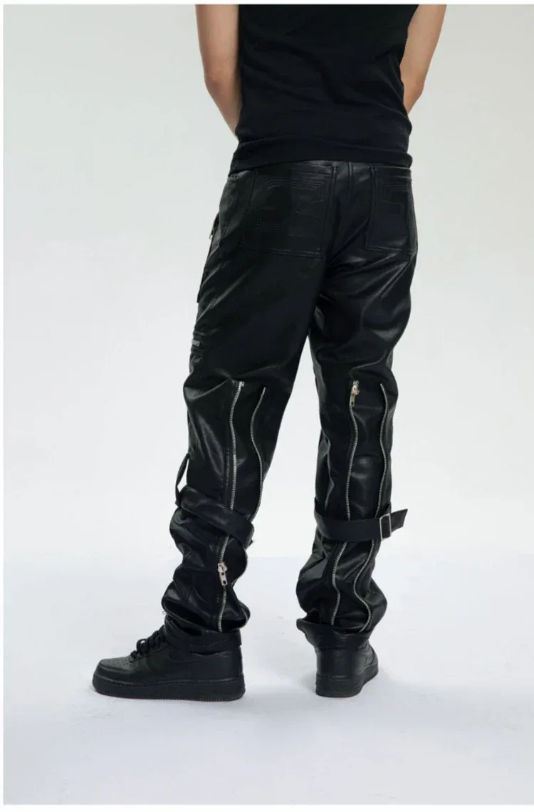 Mauroicardi Spring Autumn Cool Black Pu Leather Pants Men with Many Zippers Belt Luxury Designer Clothing Trousers Fashions 2023