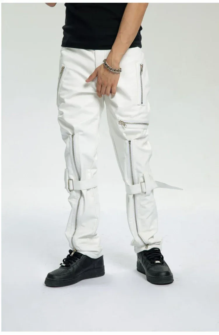 Mauroicardi Spring Autumn Cool Black Pu Leather Pants Men with Many Zippers Belt Luxury Designer Clothing Trousers Fashions 2023