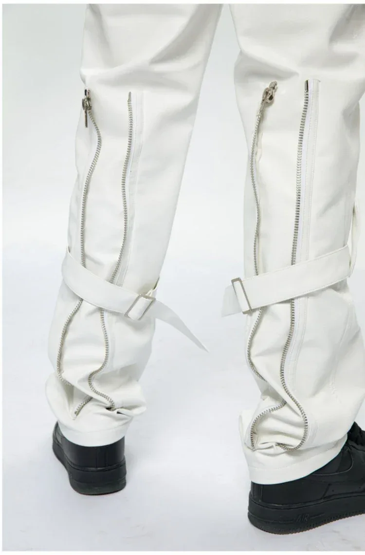 Mauroicardi Spring Autumn Cool Black Pu Leather Pants Men with Many Zippers Belt Luxury Designer Clothing Trousers Fashions 2023