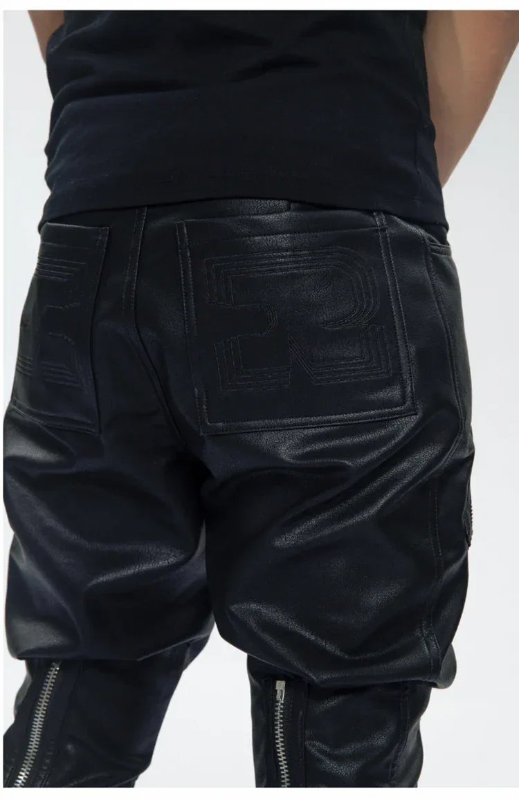 Mauroicardi Spring Autumn Cool Black Pu Leather Pants Men with Many Zippers Belt Luxury Designer Clothing Trousers Fashions 2023