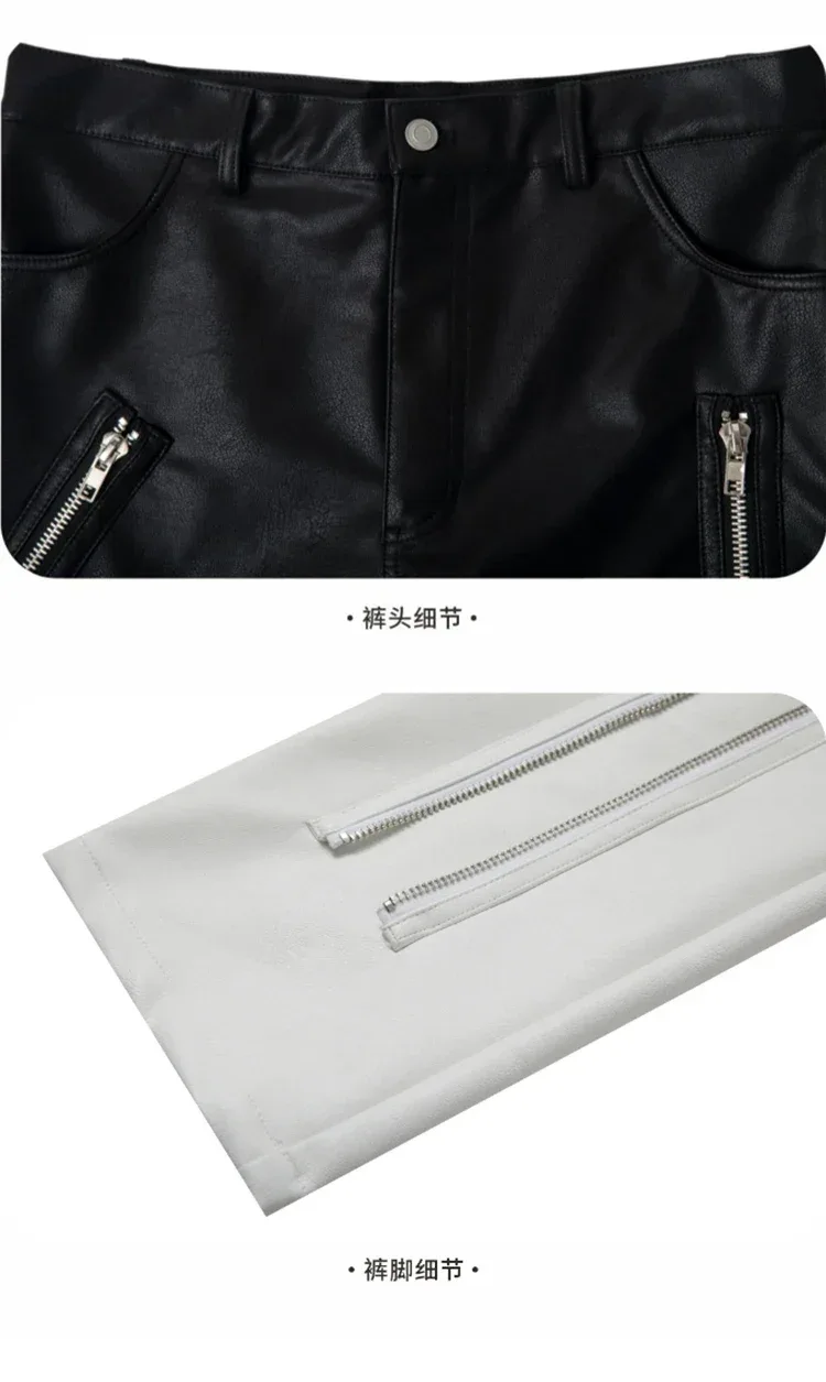 Mauroicardi Spring Autumn Cool Black Pu Leather Pants Men with Many Zippers Belt Luxury Designer Clothing Trousers Fashions 2023