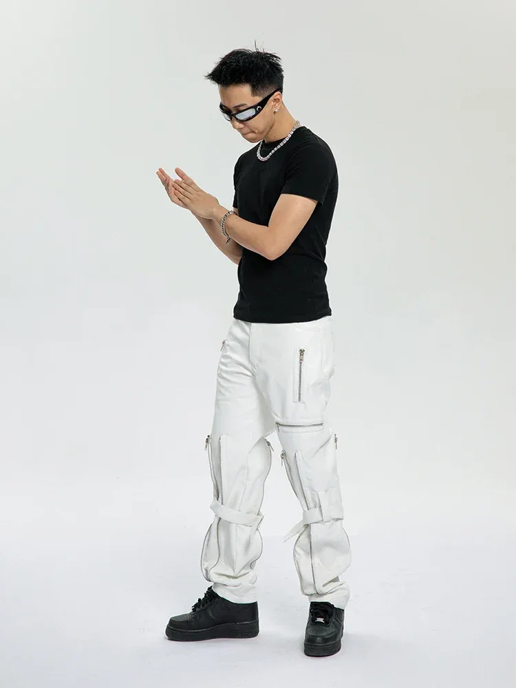 Mauroicardi Spring Autumn Cool Black Pu Leather Pants Men with Many Zippers Belt Luxury Designer Clothing Trousers Fashions 2023