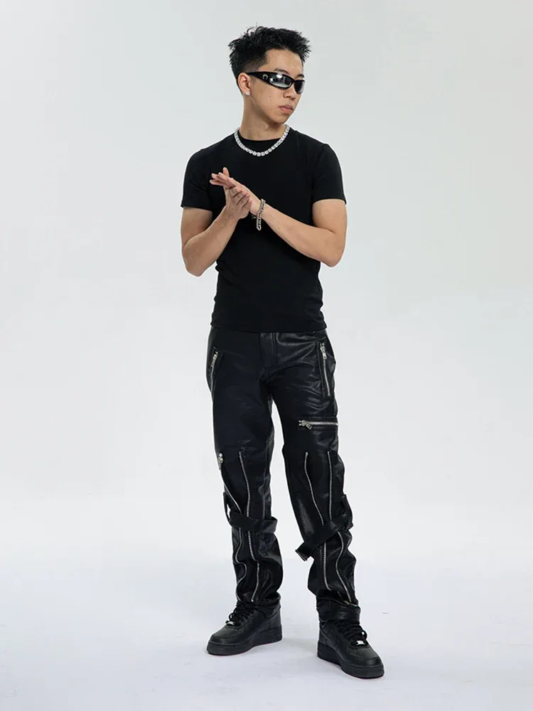 Mauroicardi Spring Autumn Cool Black Pu Leather Pants Men with Many Zippers Belt Luxury Designer Clothing Trousers Fashions 2023